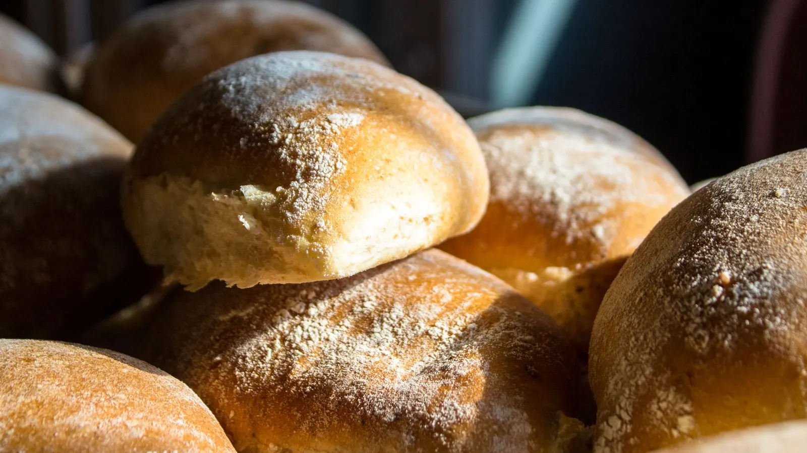 Freshly baked bread on a sunlit bakery counter